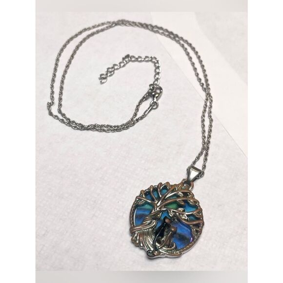 None Jewelry - Tree of Life Silver Necklace with Blue-Green Enamel Pendant